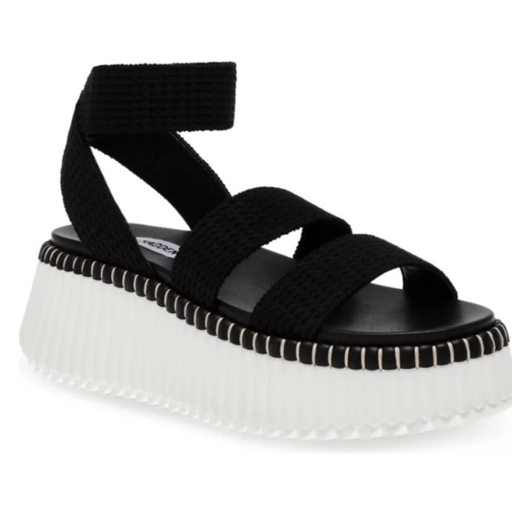 Steve Madden shoes sandals womens 8.5 M Shelle SHEL09S1 black fabric white $89